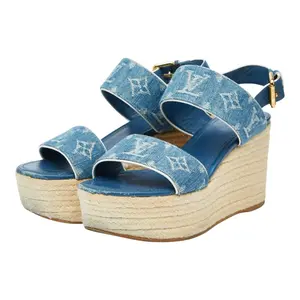 Pre-owned Louis Vuitton Denim Small Leather Goods Monogram Starboard Line Leather Wedge Sandals