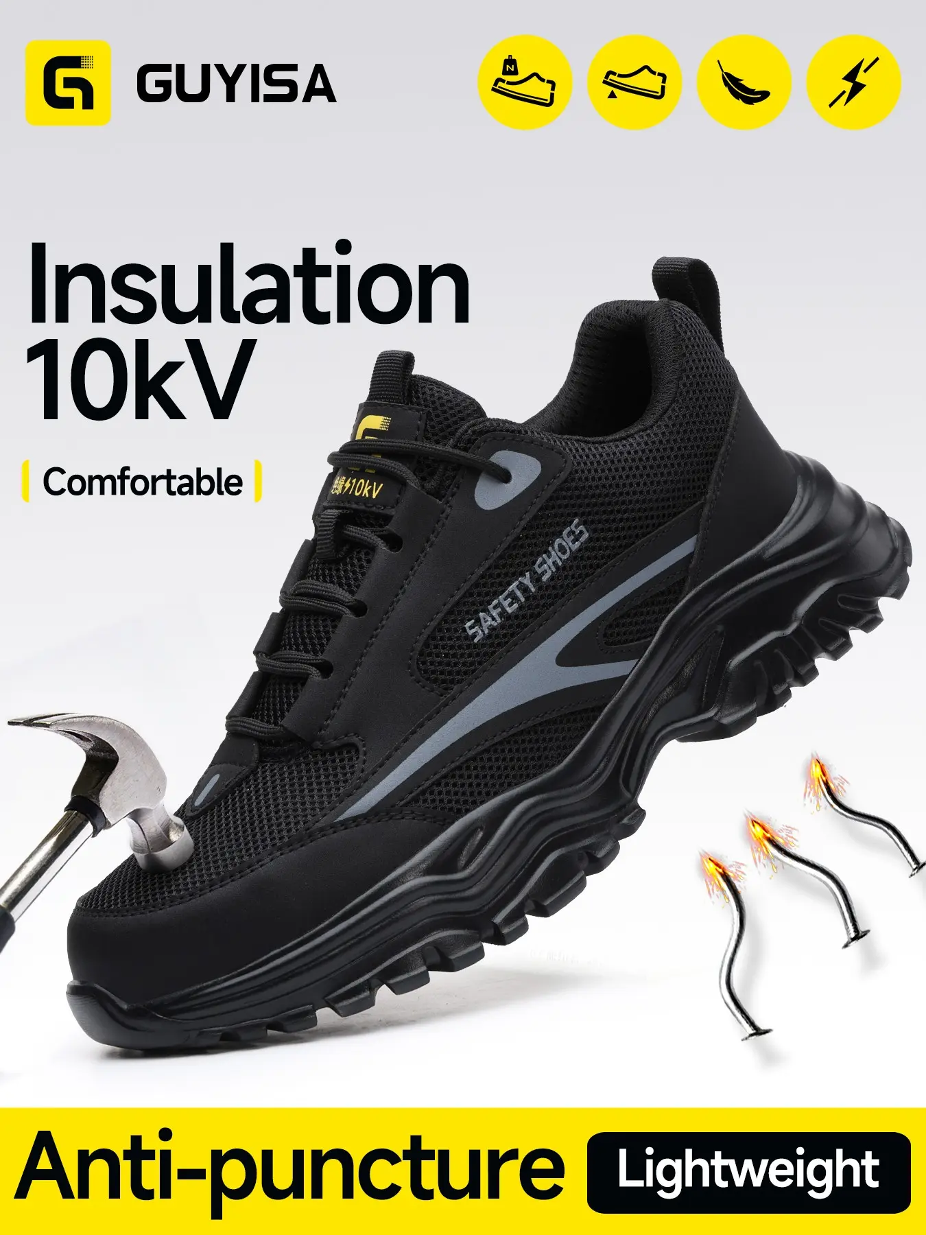Electrician Safety Shoes, Anti-Puncture Insulated 10kv, Low Top Patchwork Design, Steel Wool Upper, Rubber Sole, Medium Width, Worker
