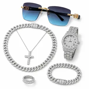 “6-Piece Iced Out Jewelry Set – Watch, Cuban Chain Necklace, 2 Bracelets, Cross Pendant & Ring for Men & Women, Sparkling Hip Hop Bling Accessories”