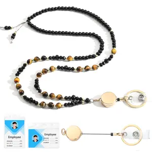LENYNAL Retractable Lanyards for ID Badges and Keys, Beaded Lanyards for Women Natural Stone, Teacher Lanyard High-Performance Cute Lanyard Morganite