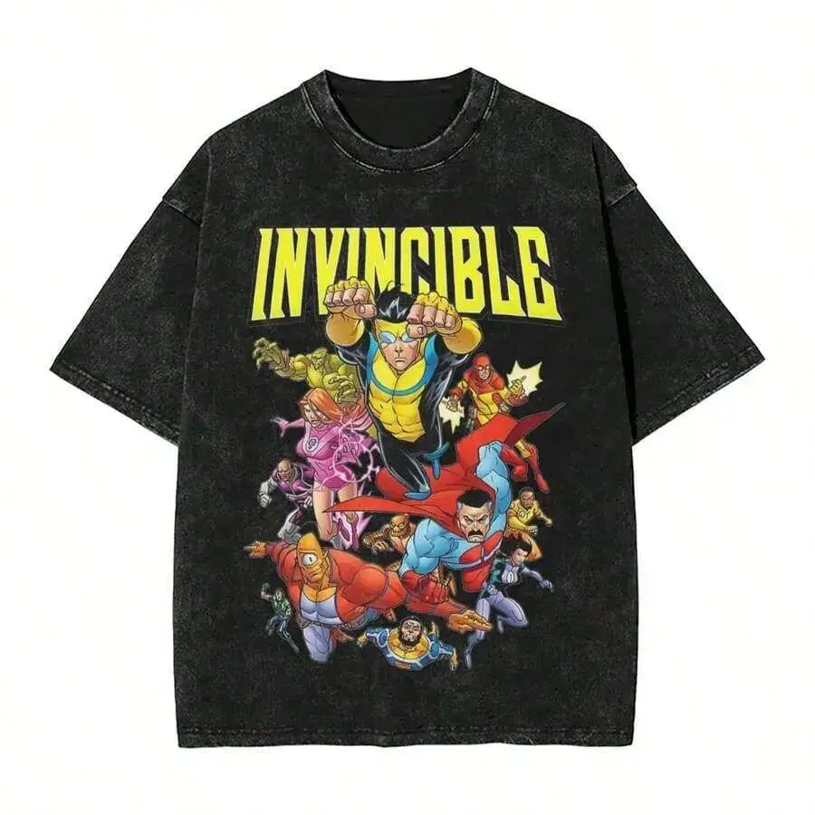 Invincible Superhero Group Graphic Tee Unisex Streetwear Omni Man Mark Grayson Comic Anime Merch Y2K Casual Short Sleeve Trending TikTok Shop Finds Viral Apparel Cool Gifts Men Women Retro Daily Outfit Top Retro Washed Black Oversized T Shirt