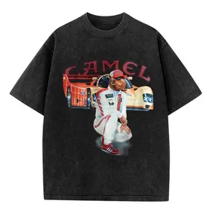 Retro racing Camel Joe graphic T-shirt, unisex washed casual crew neck short sleeve top, printed with retro racing car and racer patterns, outdoor street style fashionable T-shirt with classic motorsport design