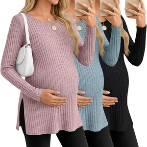 3 Pack Women's Maternity Shirts, Ribbed Long Sleeve Pregnancy T Shirts Crew Neck Slit Side Knit Pregnant Tunic Tee Top