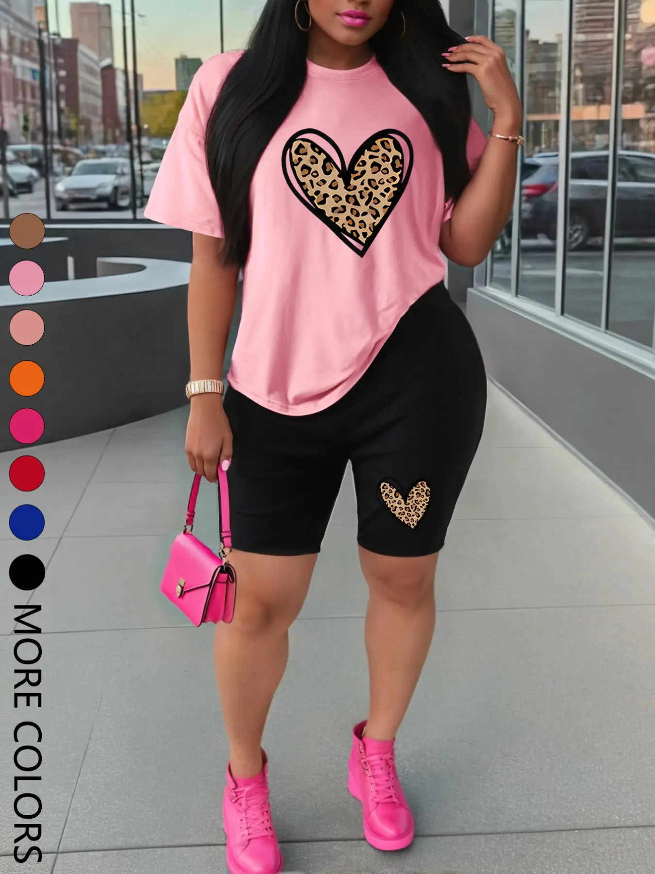 Summer New Short Sleeve Shorts Set, Sporty Heart Print, Comfortable Casual, Women's Two-Piece Outdoor Sports Wear, Activewear Set, Lightweight Summer Activewear, Fitted Sportswear Set, Activewear Shorts Sets