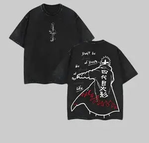Menswear Men's Short-Sleeve Top, Minato Fourth Hokage Kunai Front & Back Quote Print Vintage Washed Black Naruto T-Shirt Crewneck Shortsleeve Casual Tshirt Streetwear