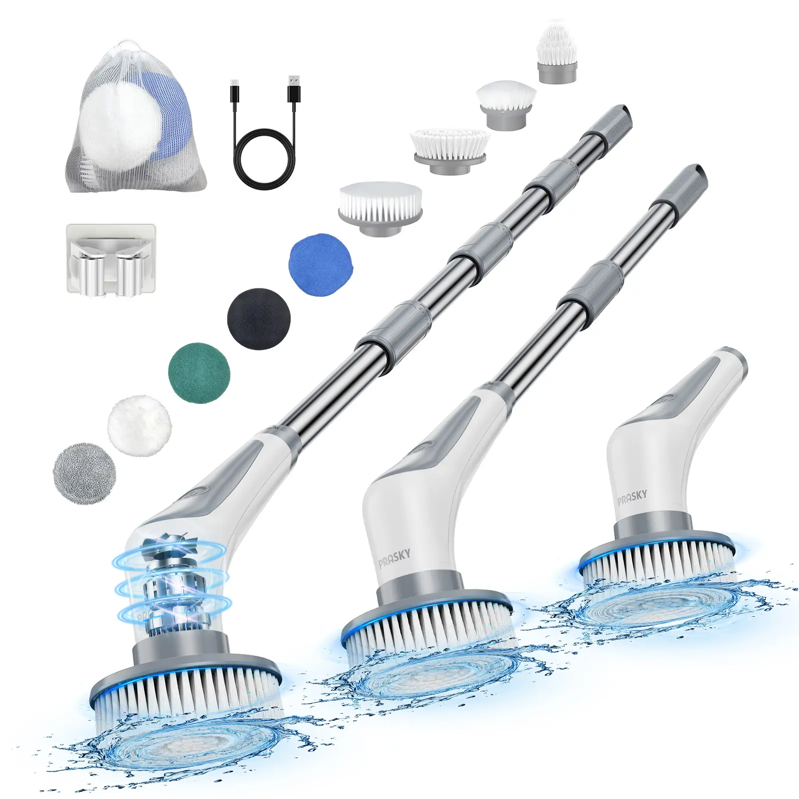 PRASKY Electric Spin Scrubber Cordless IPX8 Shower Scrubber with 9 Replacement Heads 4 Layers Two-Speed Expandable Rotary Brush for Bathrooms Kitchens Bathtubs Tiles Windows Home Cleaning Accessories Appliance Household  Portable Durable Machine tiktoksho