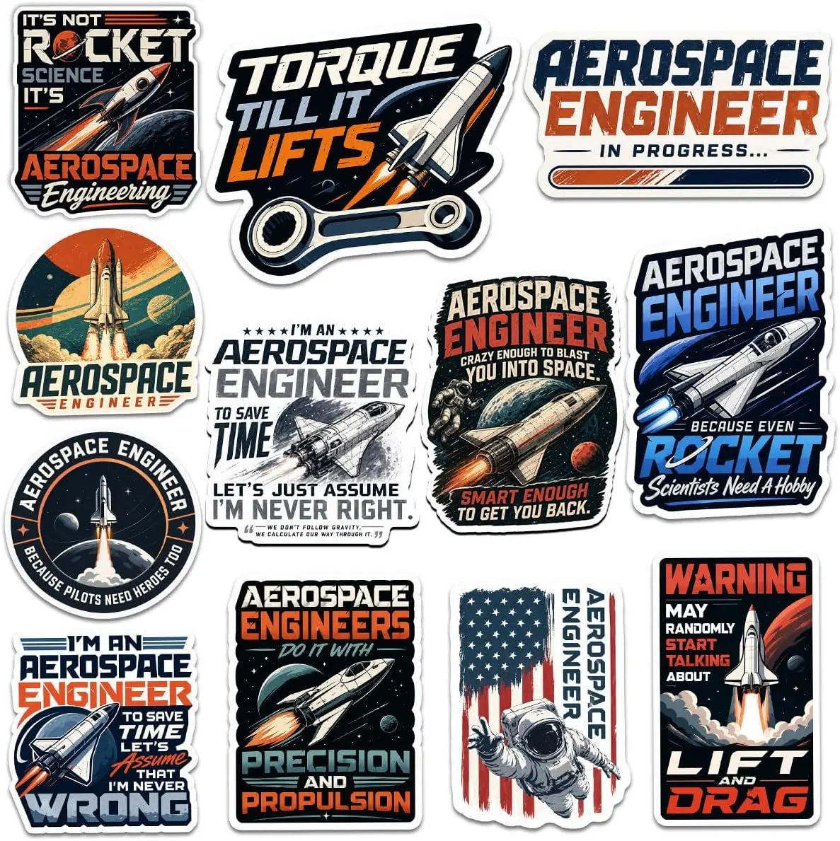 Engineer Stickers Pack, Funny Rocket Science Space Shuttle Vinyl Decals, Gifts for Engineers, Aviation Nerd Decorations for Laptop Water Bottle Phone Case Notebook Tumbler