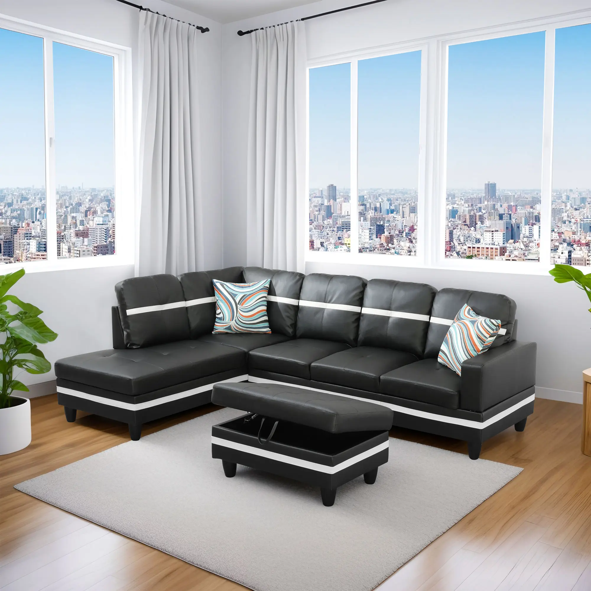 Black And White Semi PU Synthetic Leather 3-Piece Couch Set with Ottoman for Modern Living Room Decor Comfortable & Elegant Design