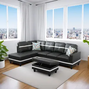 Black And White Semi PU Synthetic Leather 3-Piece Couch Set with Ottoman for Modern Living Room Decor Comfortable & Elegant Design