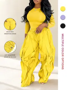 Women's Slim-Fitting Fitted Top & Wide-Leg Pants Set, Ladies' Unique Casual Chic Commuter Ensemble, Outfit, Womenswear, Spring and Fall