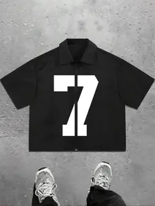 Men's minimalist slogan short-sleeved shirt, boxy casual style, zip-up placket jacket style, minimalist, street style, individualistic fashion, suitable for everyday wear, back to school, commuting, holiday gifts, unisex, Graphic Tops Menswear