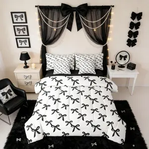 Black Bow Knot Comforter Bed Set,Kids Girls Bowtie Preppy Princess Bed Bag,7 Pieces Coquette Bowknot Bed Set,Room Decor Fantasy Bedding