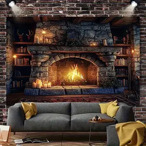 2D Flat, 1pc Fireplace Wall Tapestry - Realistic Stone Fireplace with Glowing Fireplace & Bookshelves - Cozy Fireplace Decor for Game Rooms, Birthday Party, Living Room - Easy-to-Hang Wallpaper