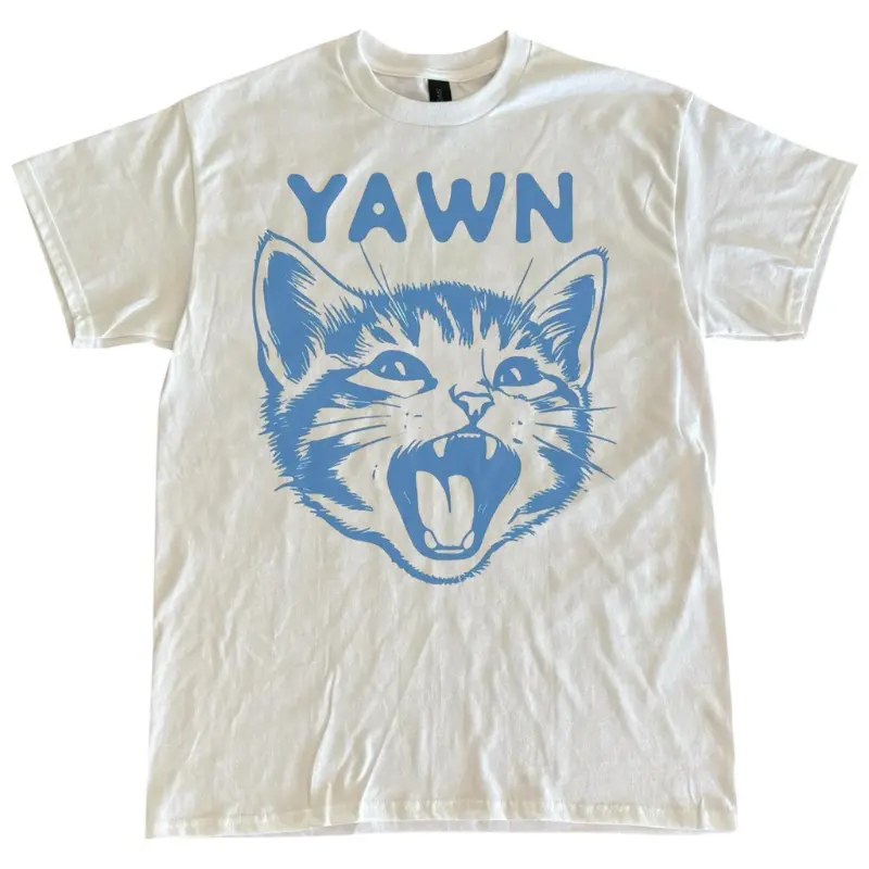 Y2k Yawn Cat Cute T-Shirt Unisex Cotton Crewneck Graphic Tee Vintage Streetwear Top Funny Cat Design Printed Tshirt for Menswear Womenswear