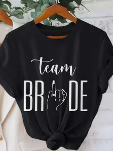 Team BRIDE Graphic Print T-Shirt, Women's Casual Round Neck Short Sleeve Top, Black with White Lettering, Suitable for Spring/Summer Celebrations, Bridesmaid Gift