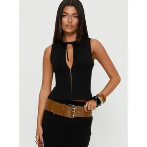 Alissea Keyhole Linen Blend Top Black