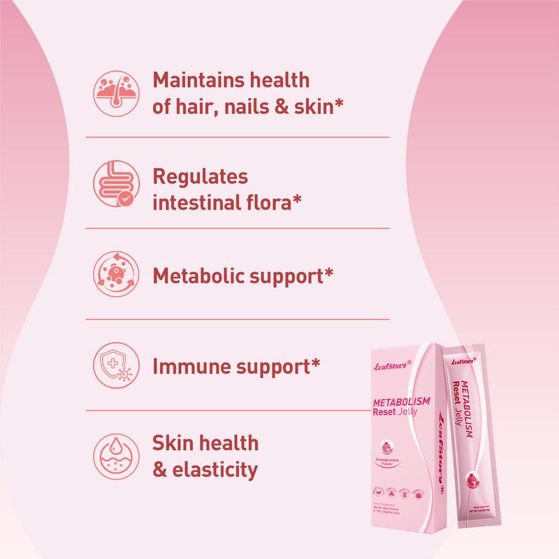 LeafStory Metabolism Reset Jelly (2 Sticks): Pomegranate Flavor, Support Metabolism & Energy, Support Digestion & Gut Health, Sugar-Free, Skin Elasticity, Hair & Nails, Gluten-Free, Non-GMO, Gelatin-Free