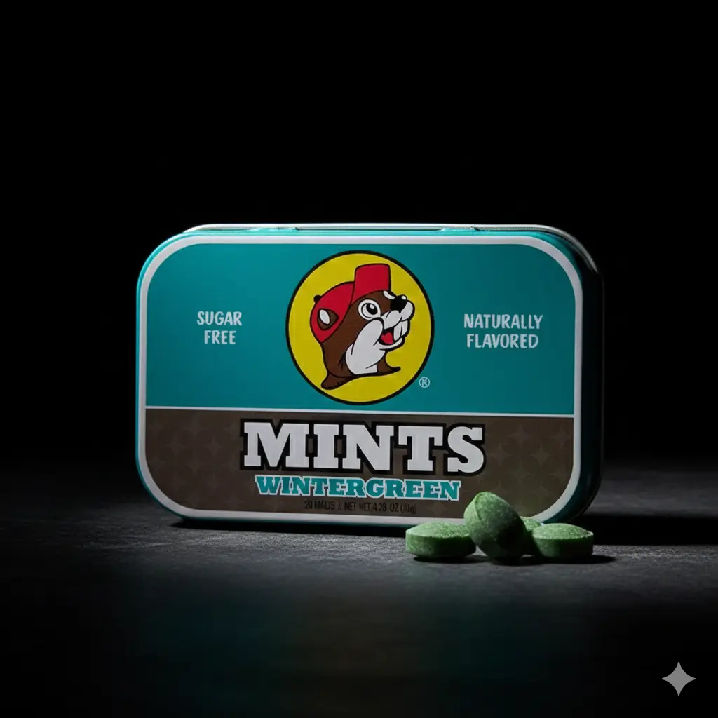 Buc-ee's Wintergreen Mints - 0.3g Single Metal Travel-Friendly Tin, Iconic Logo, Sweet Long-Lasting Flavor, Fresh Breath, Youth-Focused Sweets and Desserts, For Buc-ee’s Fans, Cupboard Storage Can