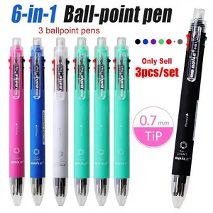 3pcs 6-in-1 Multicolor Retractable Ballpoint Pen with 0.5mm Mechanical Pencil and Top Eraser, Comfortable Grip School Office Stationery for Students Daily Writing Painting