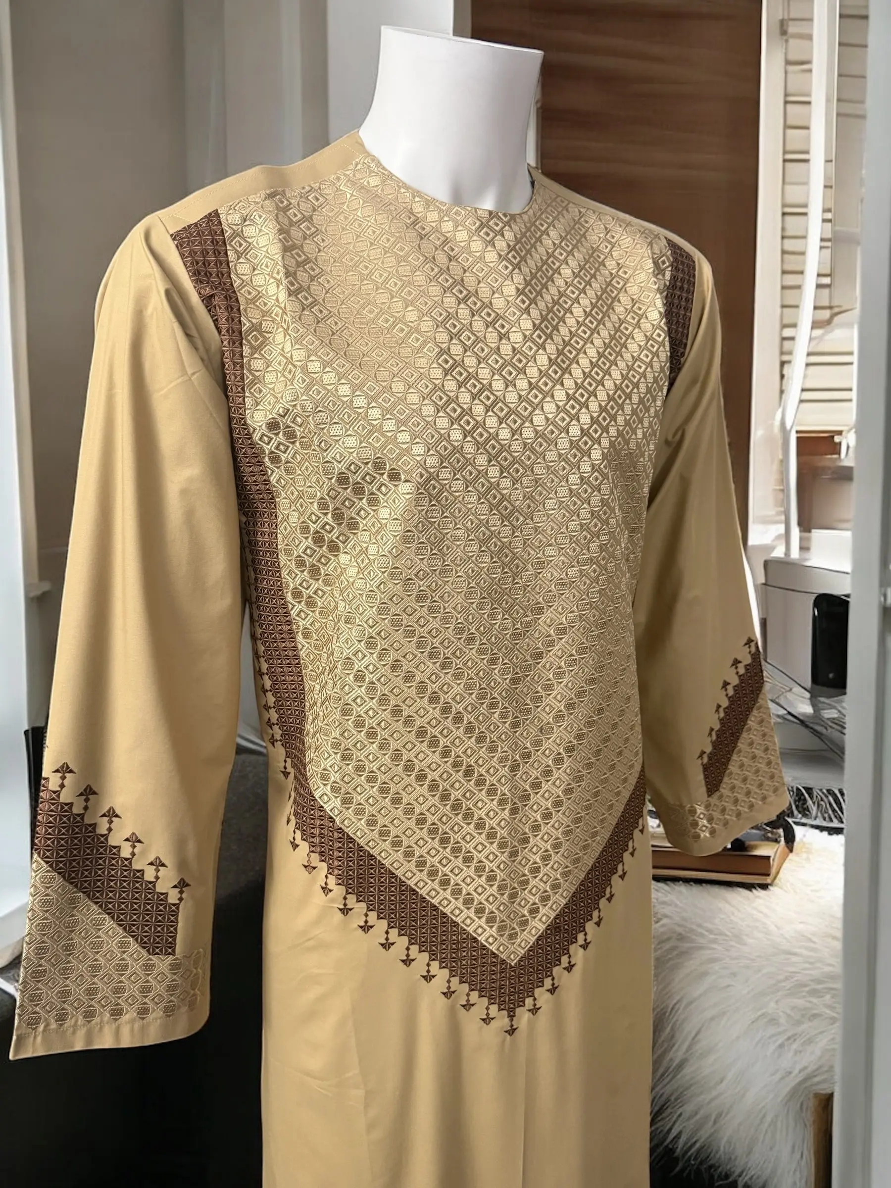 Large size Men’s Beige Parahan Tumban with Brown Embroidery