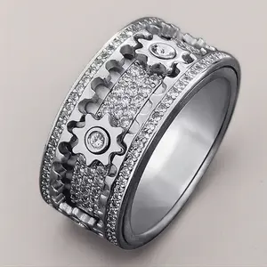 Meraki Men's Gear Chain Spinner Ring, Stainless Steel Rotating Band with Sparkling CZ Details, Punk Biker Style Fidget Ring, Cool Mechanical Jewelry Gift