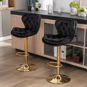 Bar Stools Set of 2, Swivel Bar Stools with Button Tufted Back & Footrest, Counter Height Bar Stools in Fabric, Adjustable Kitchen Island Stools Bar Chairs for Home Bar, Bistro Pub, Dining Room, Black