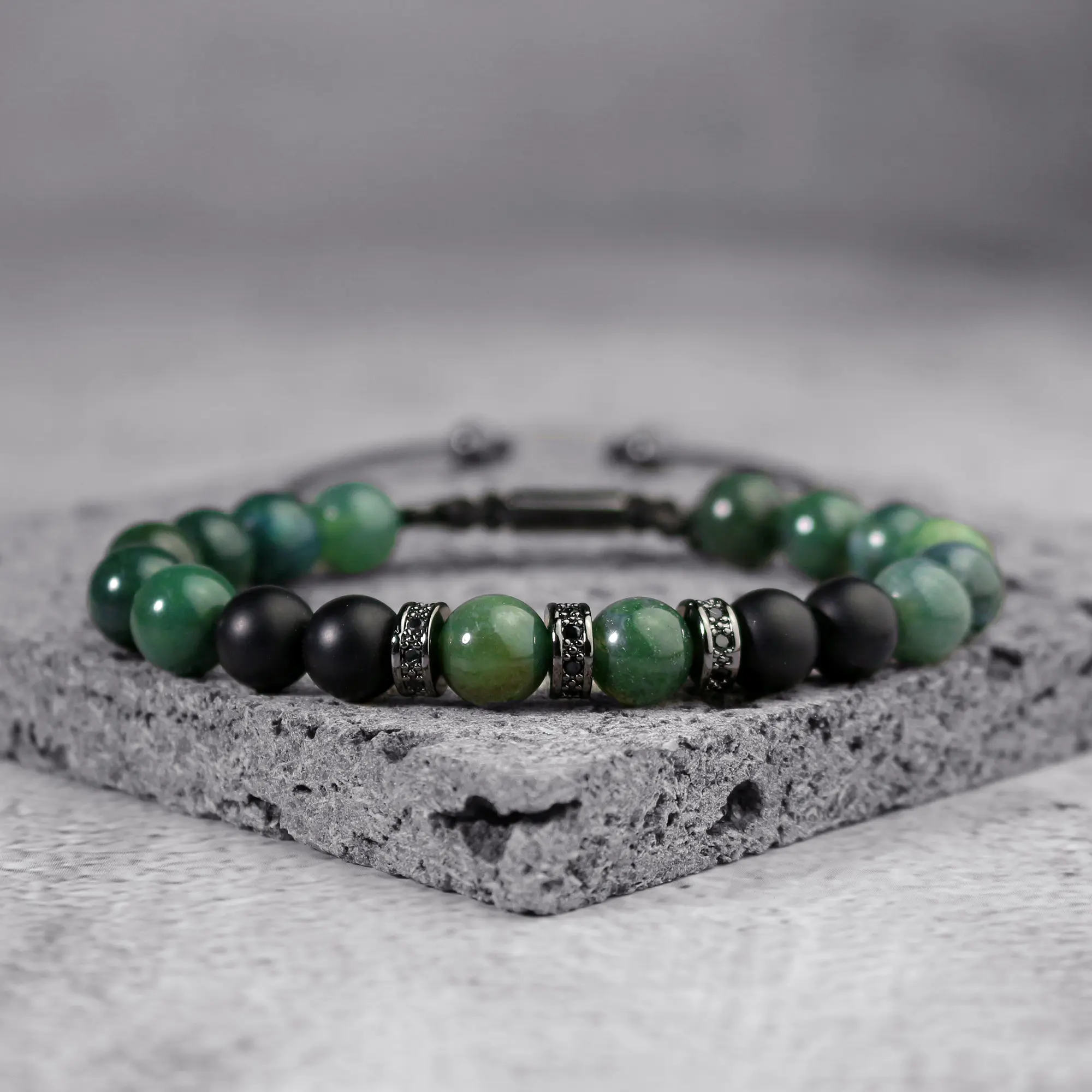 Triple Protection Natural Stone Bracelet Moss Agate Black Onyx 8mm Beads Bracelet Magnetic for Men Women Adjustable Jewelry Stack Bangle