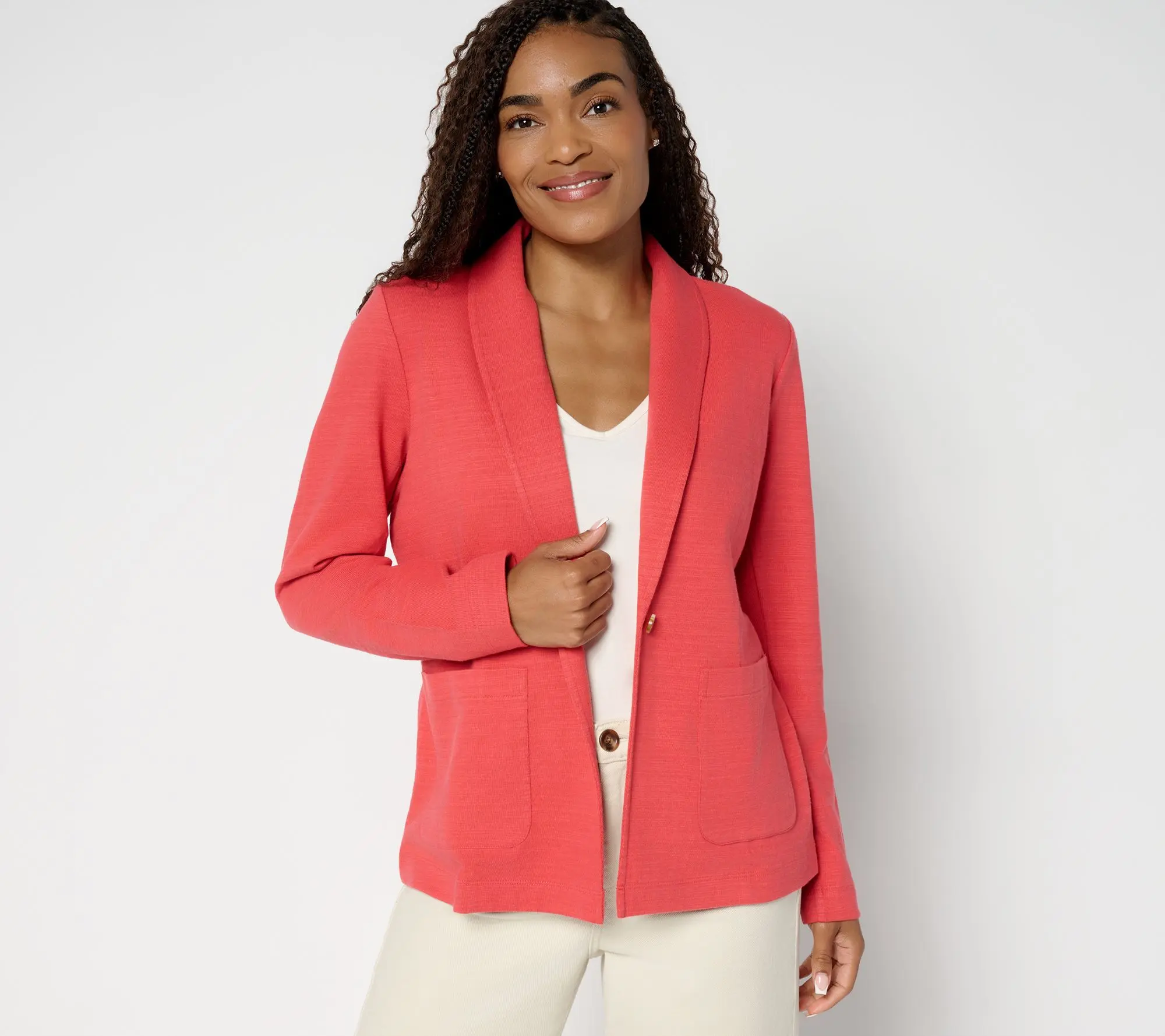 Denim & Co. Textured Cotton Button Front Blazer with Pockets Denim & Co. Textured Cotton Button Front Blazer with Pockets