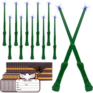 Light Up Wizard Magic Wands - 12PCS Illuminating Sound Witch Toy Wand Set with 12 Invitation Cards & Envelopes - for Kids Party Birthday Gifts, Green