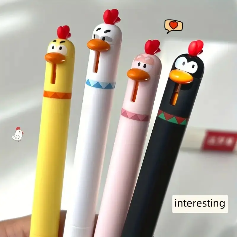 4 Piece Humorous Chicken Shaped Retractable Pen Set, Creative Novelty Click Pens Funny Teacher Pens for School Office Home, Stationery Supplies, Writing Tools, Unique Birthday and Holiday Gifts