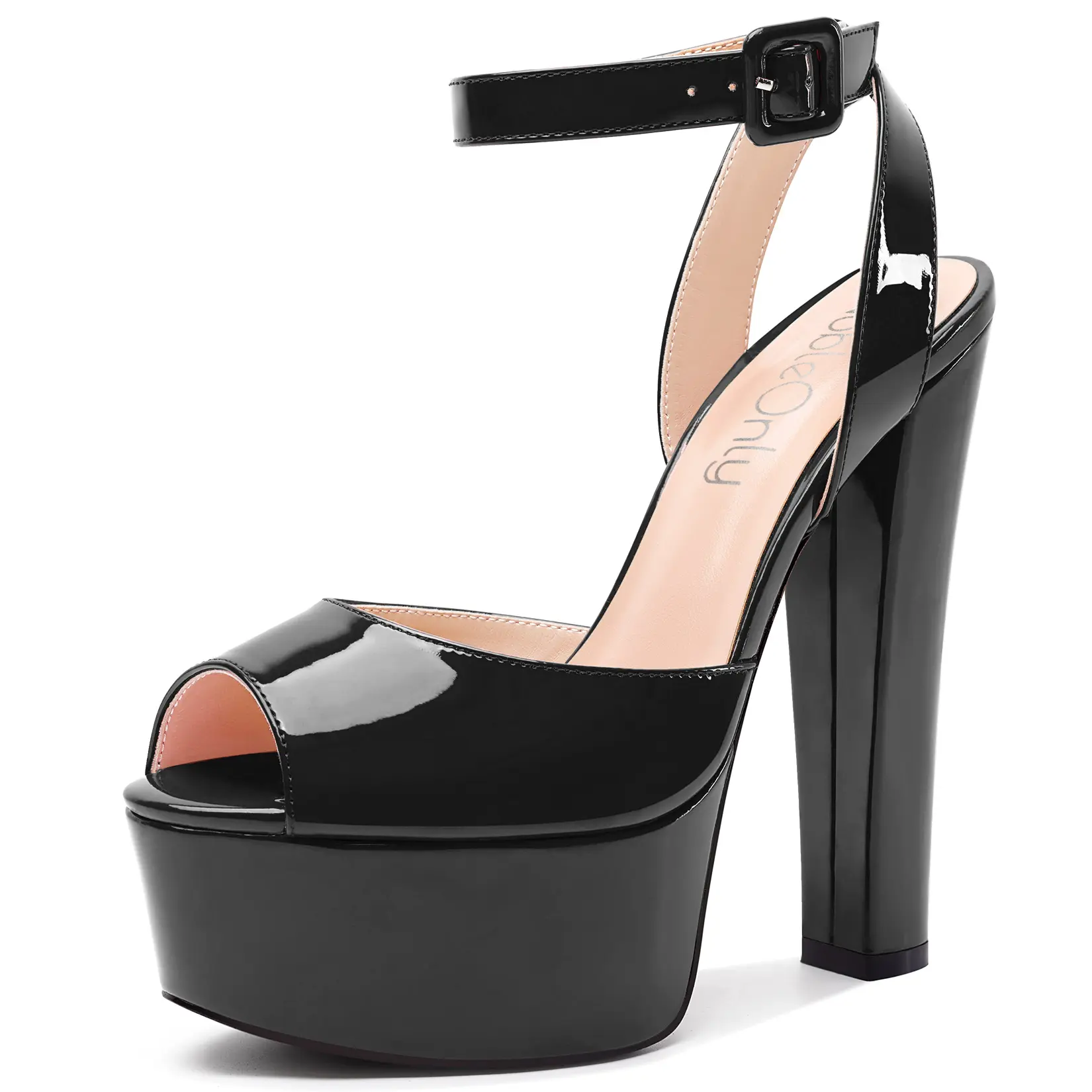 Women's Elegant Black High Block Platform Heel Peep Toe Ankle Strap Buckle Sandals, 5.9in Heels for Prom Dresses, Black Heels