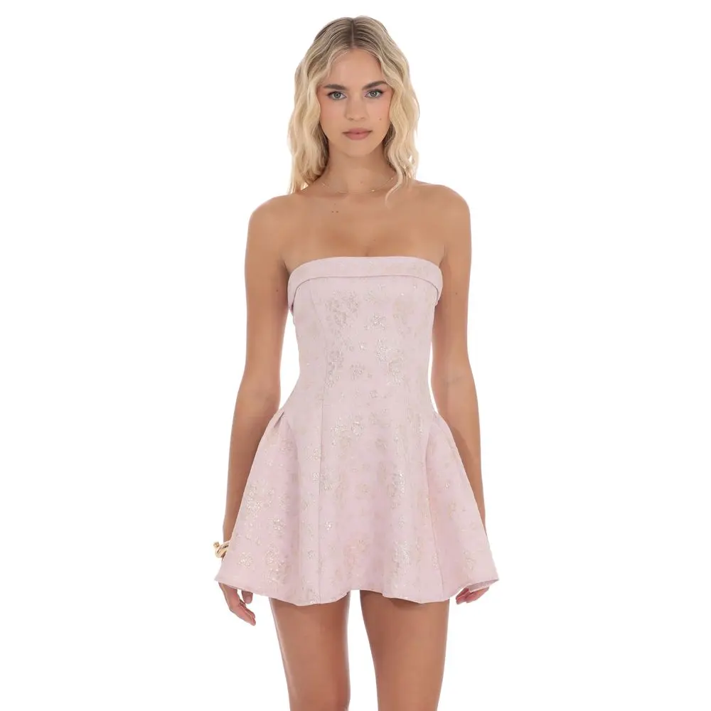Shimmer Jacquard Strapless Flare Dress in Dusty Pink
