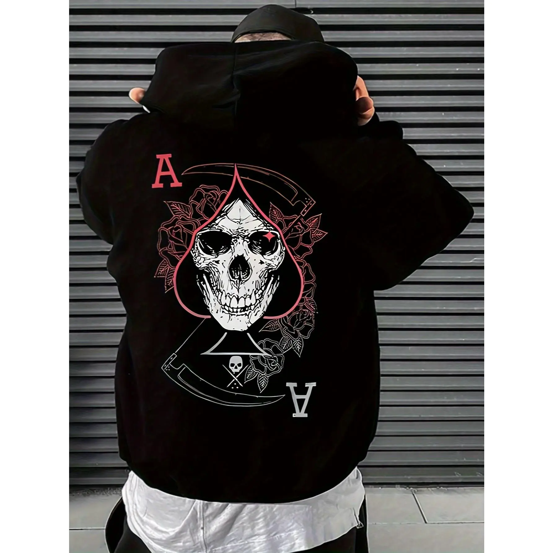 Viral Skull & Ace of Spades Hoodie |       Men's Dark Street Style Pullover, Reaper Rose Graphic, Loose Fit Drawstring Hoodie