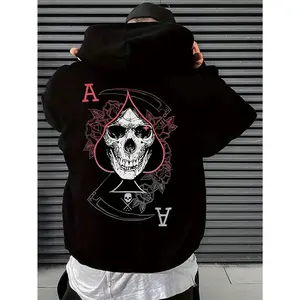 Viral Skull & Ace of Spades Hoodie |     Men's Dark Street Style Pullover, Reaper Rose Graphic, Loose Fit Drawstring Hoodie