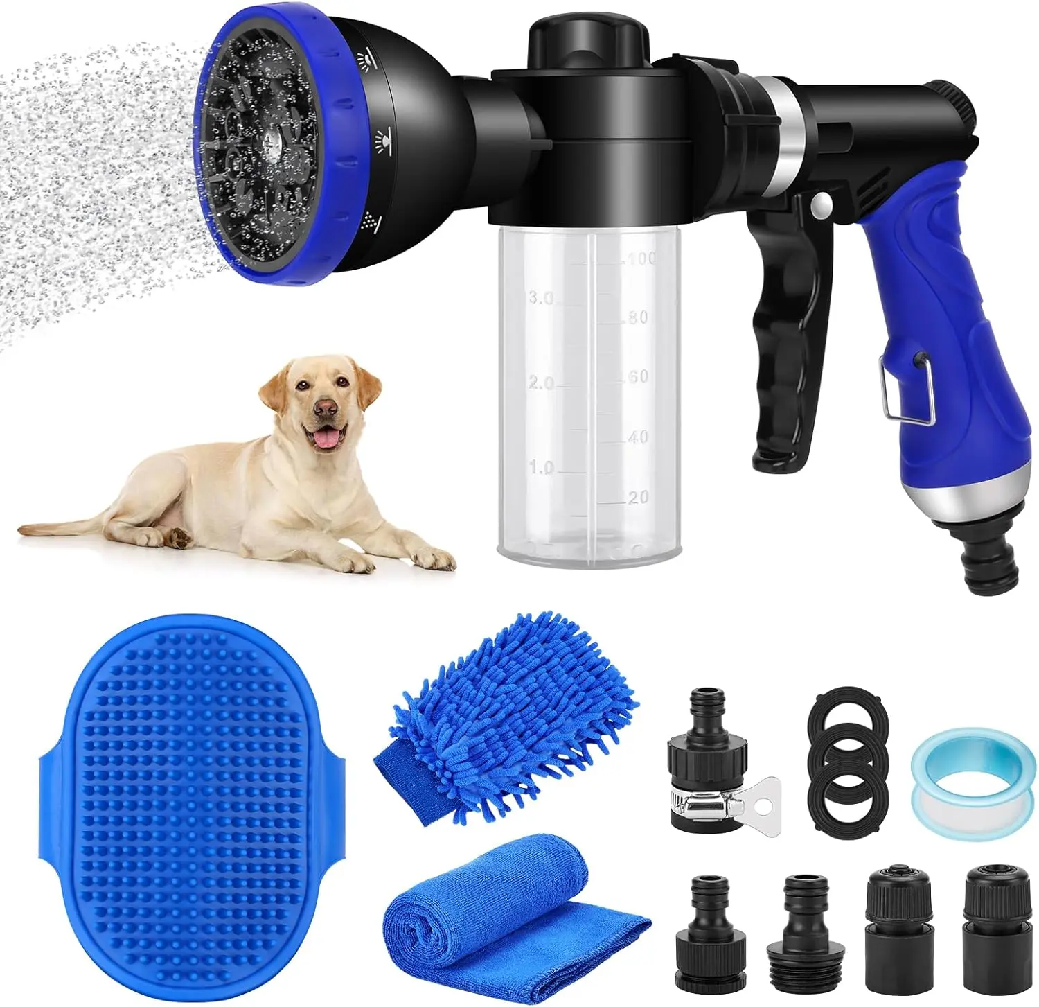 Pet Bathing Sprayer Kit - 10 in 1 Showerheads & Sprayers with Adjustable Hose, Multiple Spray Patterns, Foam Blaster, Quick Connector for Pet Grooming, Car Cleaning