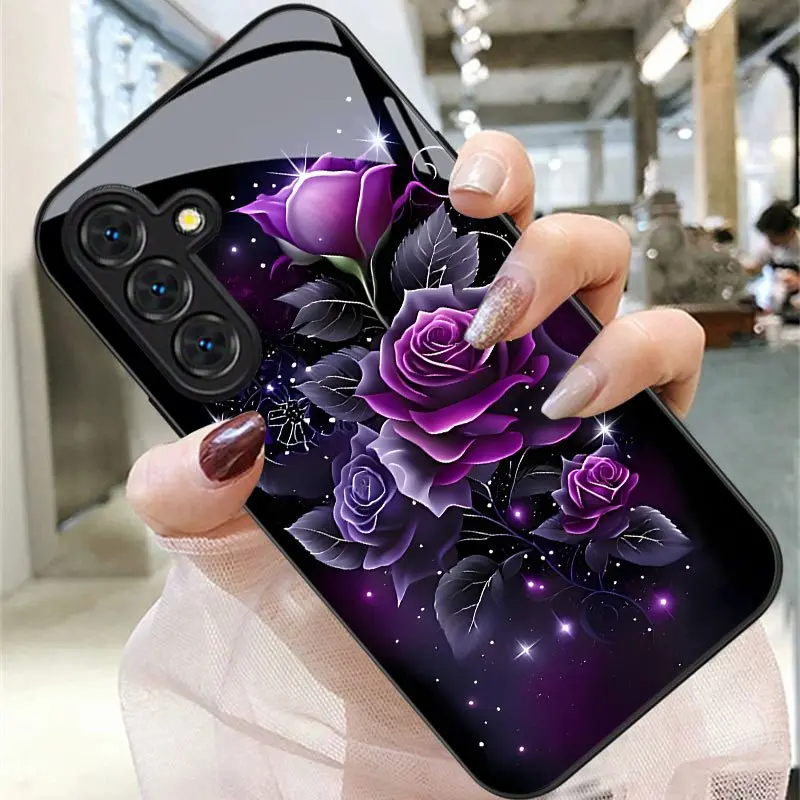 Deep purple and black gradient starry sky flower pattern phone case, suitable for Samsung Galaxy A14 A15 A16 A23 A24 A25 A26 A32 A34 A35 A36 A52 A53 A54 A55 A56 S21/S22/S23/S24/S25/S26 FE/Plus/Ultra, anti-drop tempered glass protective case