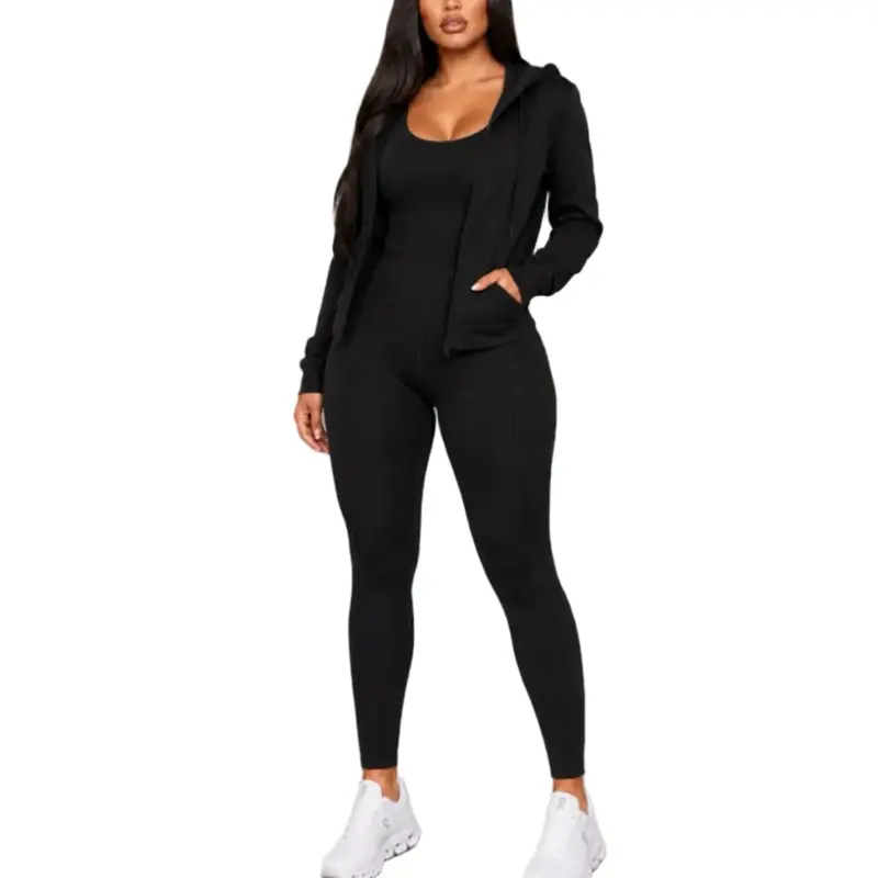 Annabeth Set -3-piece set includes zip-up hoodie, fitted tank, and high-waisted leggings Soft, stretchy performance fabric with all-day comfort High-rise leggings with convenient side pockets.