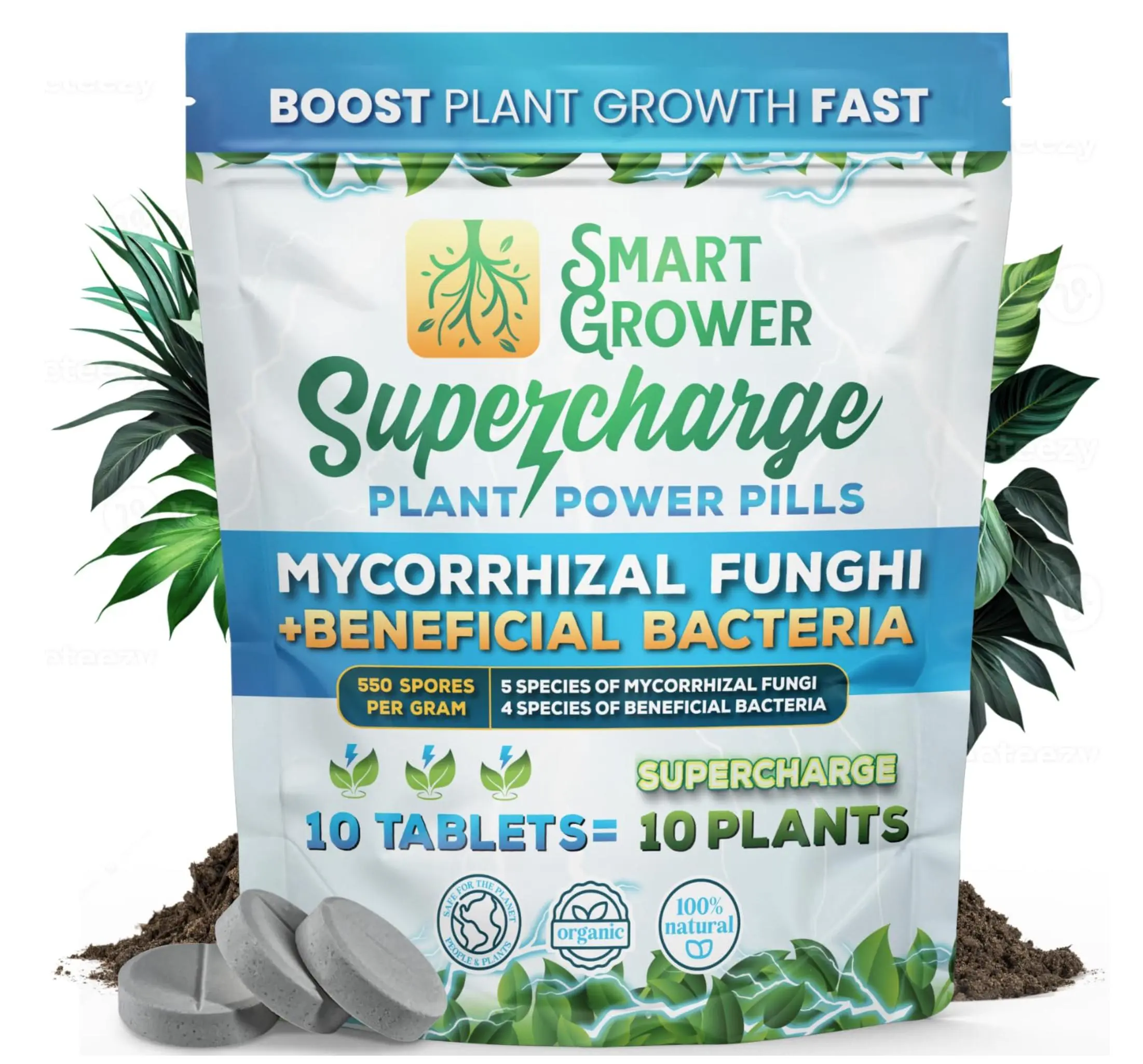Smart Grower Supercharge Tablets Mycorrhizal Fungi & Beneficial Bacteria Blend Plant Garden Outdoor Root Support Organic Soil