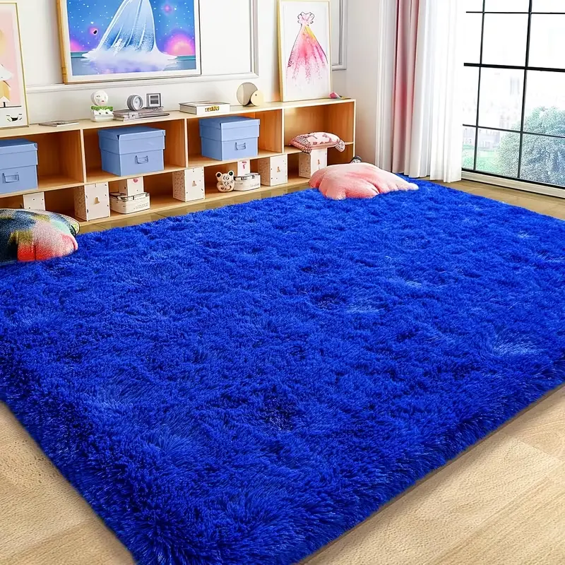 JAKOLIVE Traditional Crochet Bright Blue Colorful Fluffy Polyester Fiber Indoor Area Rug for Family, Extra Soft Durable Machine Washable Rectangle Rug, Living Room-Bedroom Home Decoration Ideal Christmas Gift, Machine Washable Rug