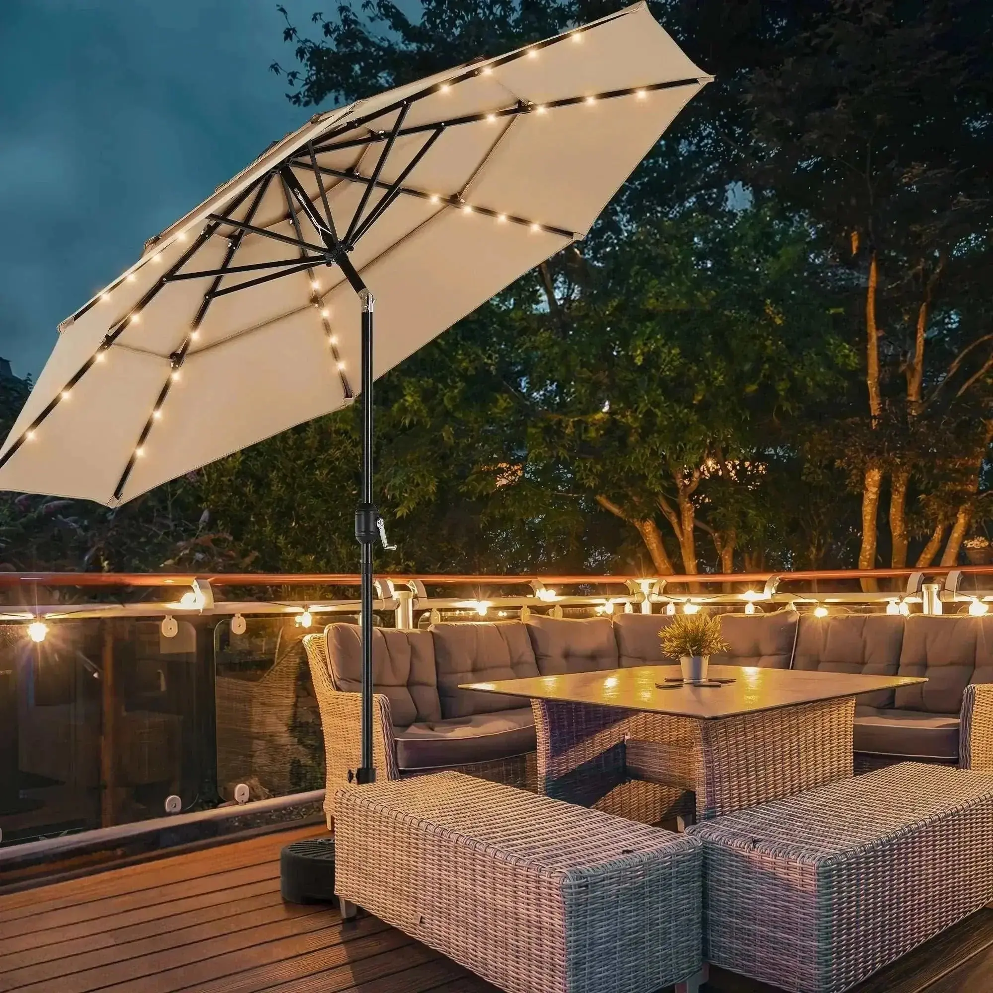 Patio Umbrella with Iron Frame, 32 Integrated LED Lights, Solar Glow Function, Sun Protection for BBQs and Gardens