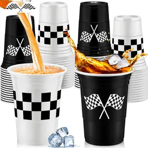 48 Pcs Checkered Racing Party Plastic Cups Bulk 16 oz Disposable Checkered Flag Race Car Cups Thick White Black Cup for Racing Themed Birthday Party Favors Supplies