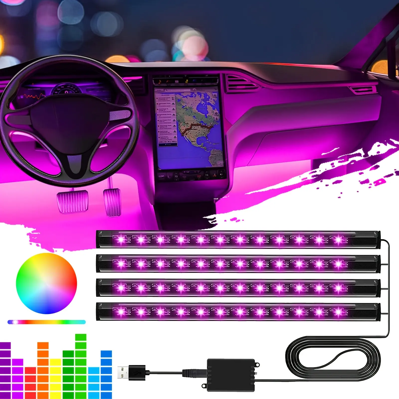 4 in 1 Car Interior Lights, High Brightness Ambient Lighting Kit, USB 5V Under Dash Interior Lights, 16 Million Colors, LED Lights Interior for Car Accessorie, Easy Install, Without Battery