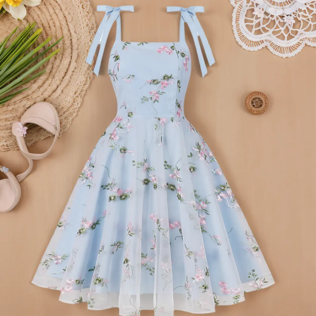 Light Blue Sheer Mesh Embroidered Floral Dress | Bow - Tie Straps & Vintage Swing Skirt, Ideal for Summer Parties & Bridal Showers Casual Boho Chic Casual Boho Soft Womenswear Breathable - TikTok Shop Light Blue Sheer Mesh Embroidered Floral Dress | Bow - Tie Straps & Vintage Swing Skirt, Ideal for Summer Parties & Bridal Showers Casual Boho Chic Casual Boho Soft Womenswear Breathable - TikTok Shop
