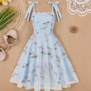 Light Blue Sheer Mesh Embroidered Floral Dress | Bow - Tie Straps & Vintage Swing Skirt, Ideal for Summer Parties & Bridal Showers Casual Boho Chic Casual Boho Soft Womenswear Breathable