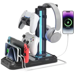 Headset Stand with Charging Station-Detachable Holder with 9 Light Modes-Rotatable Headphone Hanger with USB A&C Charger Ports-Earphone Hook For PC
