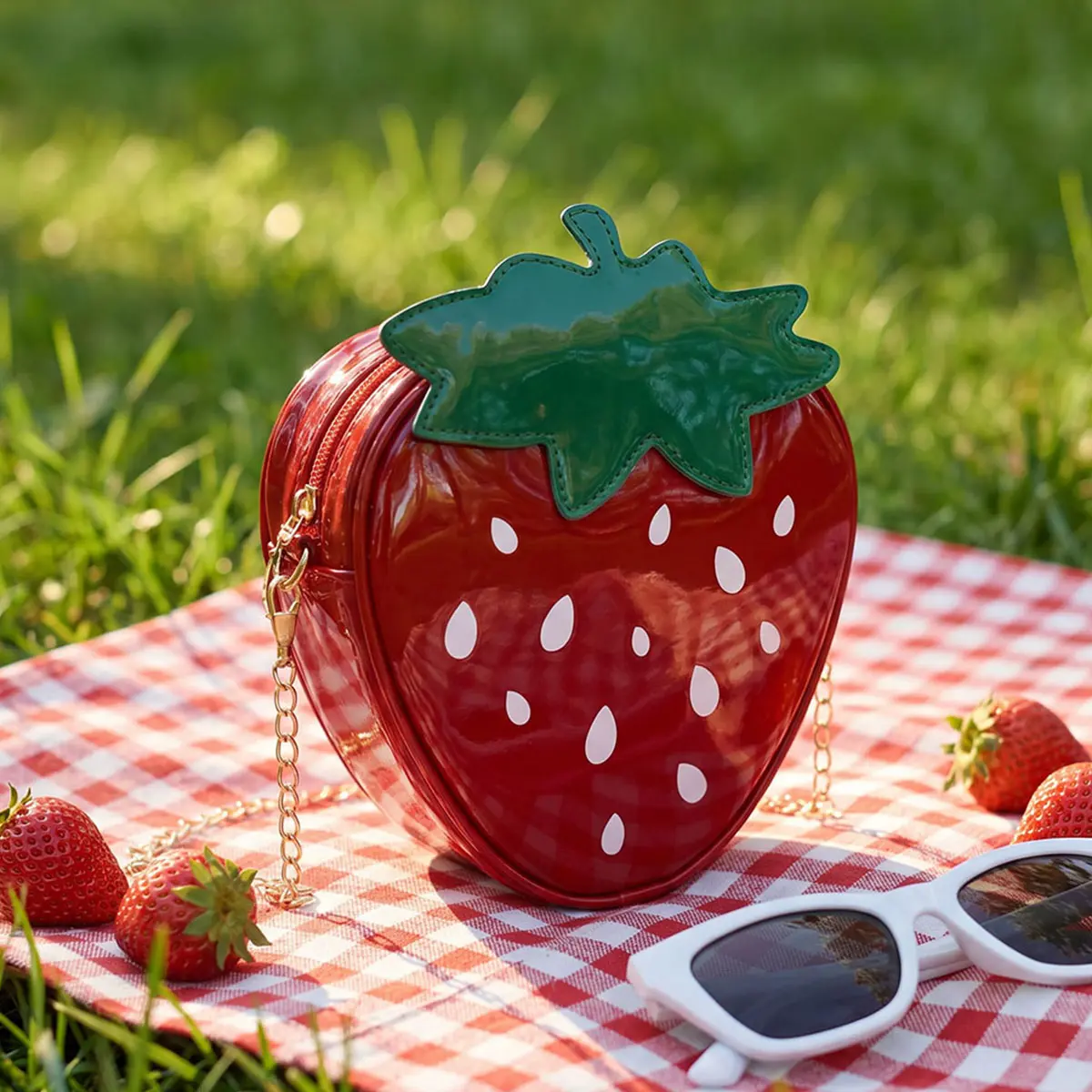 Crossbody Bag for Female, Glossy 3D Strawberry Design Novelty Purse for Party & Casual Wear - Water-Resistant with Gold-Tone Hardware, Pu Leather, Elegant, Strawberry-Shaped, Chain, Daily, Zipper, All Seasons, Custom Green Leaf Detailing, 3D Shape, Fun St