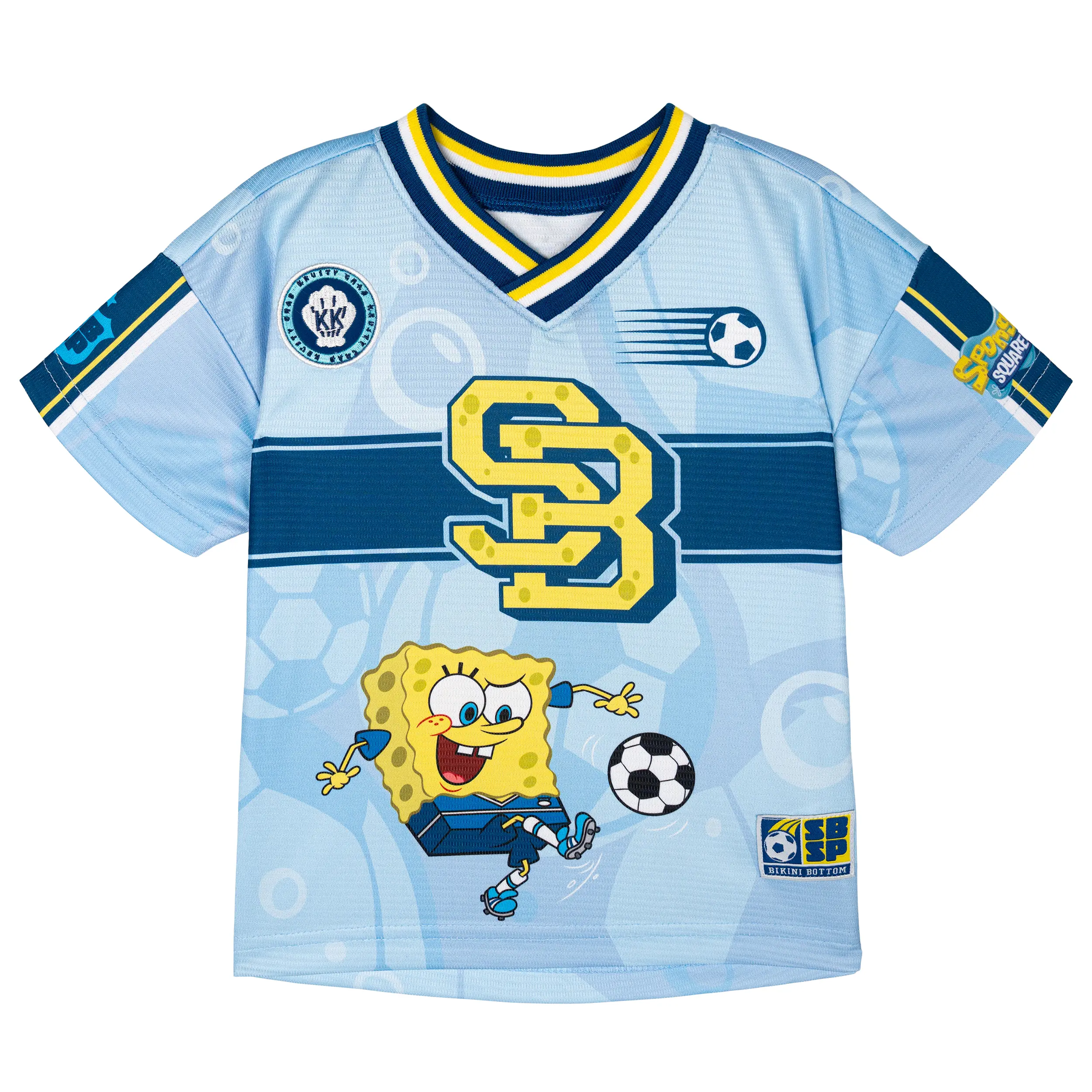 SpongeBob SquarePants Boys' V-Neck Athletic Cut Mesh Fabric Graphic Print Soccer Jersey, Light Blue (Toddler to Big Kid) - V Neck Shirt, Sports Wear, Flexible Fit