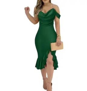 Womens Red Cold Shoulder Dress Pearls Strap Cowl Neck Ruffle Hem Rhinestone Ruched Glitter Prom