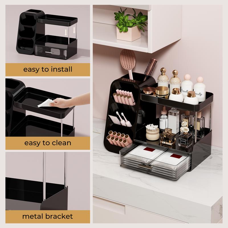 Large Capacity Makeup Storage Box, Multi-functional Makeup Brush Lipstick Eyebrow PencilPocket Mirror Storage Box, Desktop MakeupOrganizer for Home & Travel, Makeup Box,Cosmetics Organizer Storage Pink