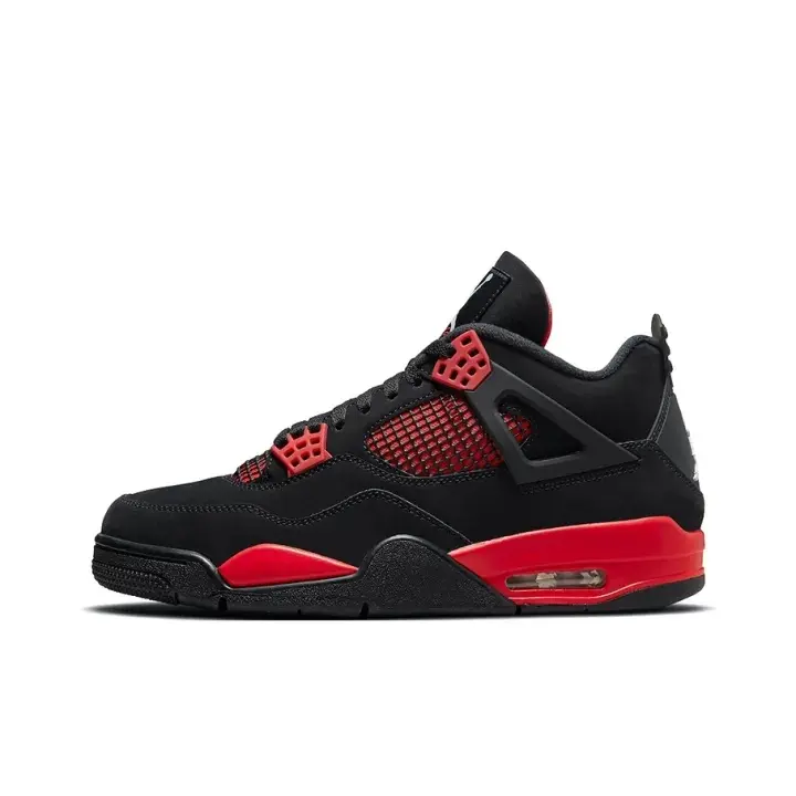 Black Red Mid‑Top Basketball Sneakers, Suede Upper, Mesh Vent Panels, Bright Red Outsole, Lace‑Up Closure, Unisex Retro Sport Street Footwear